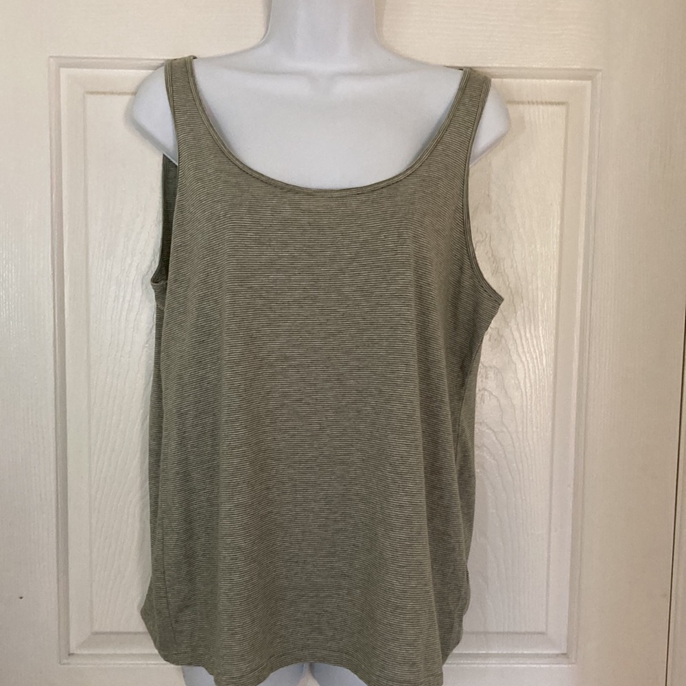 Eileen Fisher Cotton Blend Heather Green and Gray Stripe Tank Top Large
